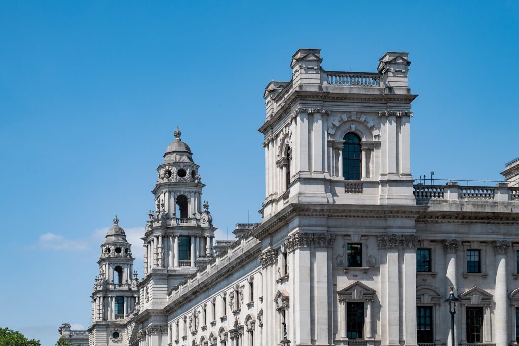 HM Treasury building on Whitehall, London - UK Finance Ministry headquarters where Healey's budget decision will be made