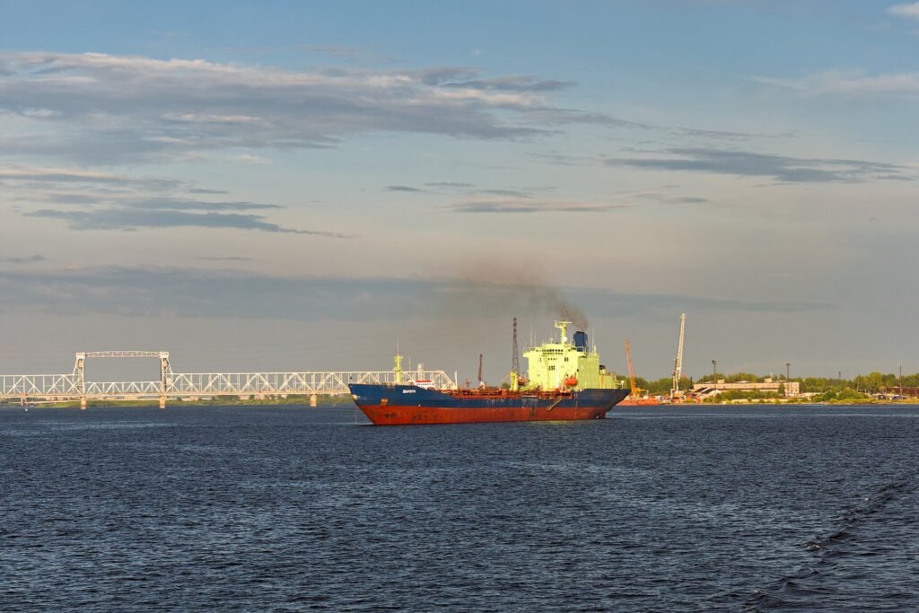 Russian oil tanker Varzuga on Northern Dvina River in Arkhangelsk