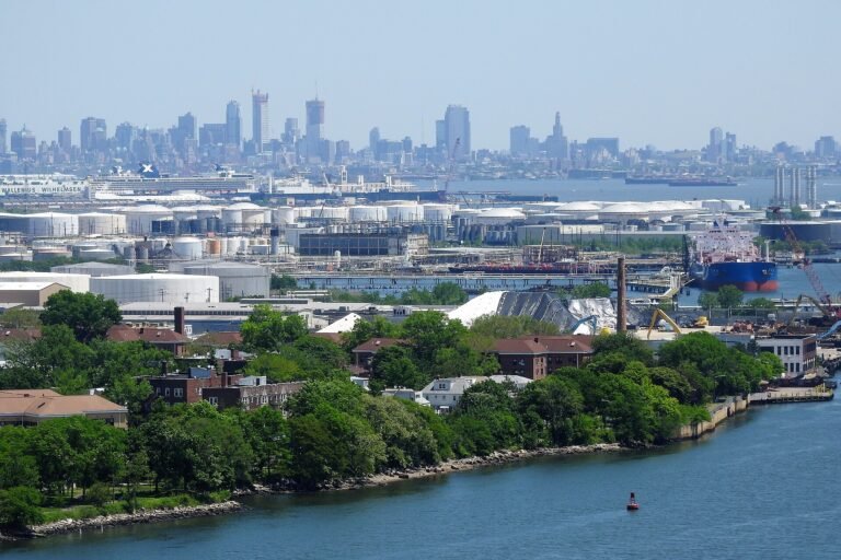 Tank farm facility viewed from Bayonne Bridge showing oil and gas storage infrastructure