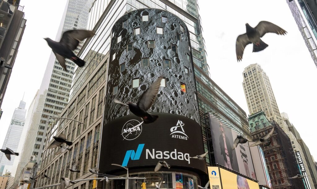 Nasdaq building in Times Square symbolizing tech market movement