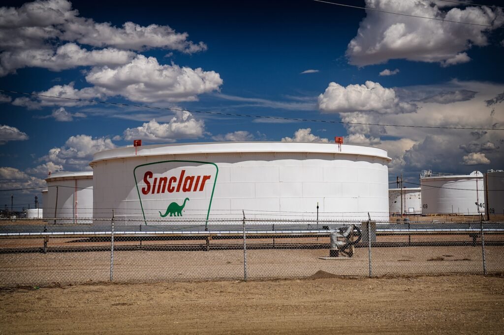 Crude oil storage tank farm at HF Sinclair oil refinery in Sinclair, Wyoming
