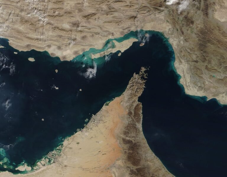 Satellite view of the Strait of Hormuz, the strategic waterway between Iran and the Arabian Peninsula