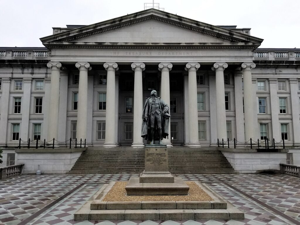 U.S. Treasury Building in Washington D.C., representing Treasury yields and US government debt markets affected by AI stock volatility