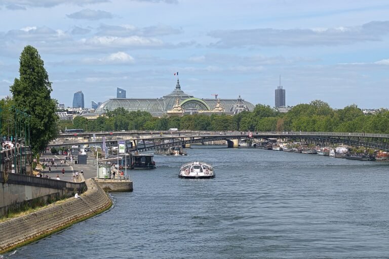 Panoramic view of Paris and the Seine River, showing iconic French architecture and bridges