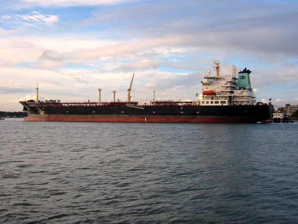 Oil tanker at sea in Japan, representing increased energy import costs affecting trade deficit